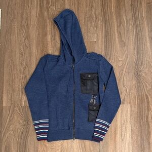 Versace men’s blue zip front hooded wool blend sweater size large